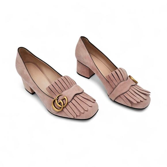 Gucci GG Marmont Fringe Block Heel Pump Pink Suede Square Toe Size 38.5 US 8.5 - Picture 1 of 12